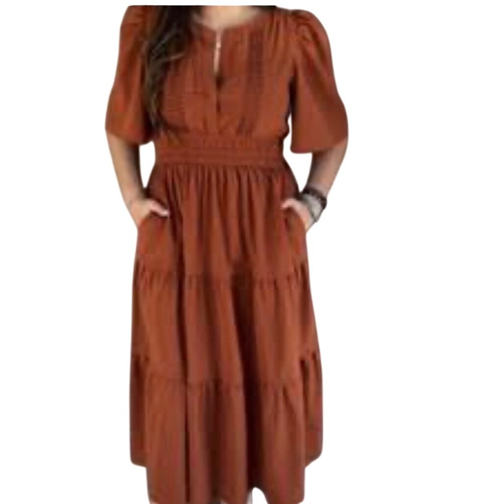 Entro Rust Brown Tiered Smocked Midi Dress M Short Flutter Sleeve Pockets